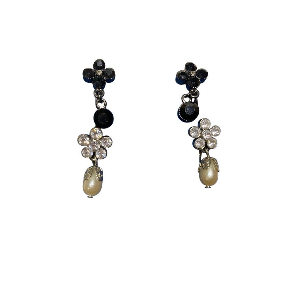 Lot of 2 Pairs Avon Rhinestone Pearl Drop Earrings Clip On Silver Tone Floral